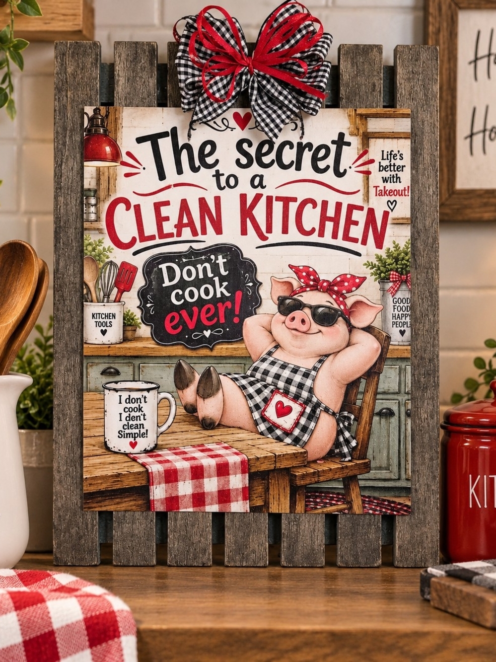 Hand Crafted Red & Black Farmhouse Pig Kitchen Plaque